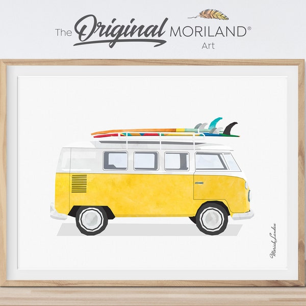 Yellow Van Print, Classic Car Art, Vintage Surf Printable, Girl Boy Room Wall Art, Surf Decor, Surfboard, Transportation Decor, Coastal Art