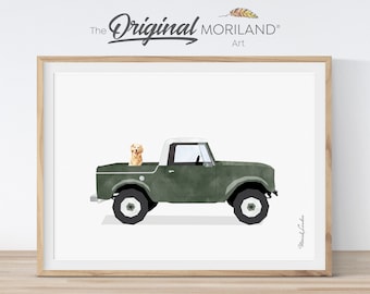 May include: A green vintage truck with a white roof and a golden dog sitting in the back. The truck is on a white background.