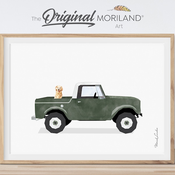 Dark Green Truck with Dog Print, Golden Retriever in Pickup Truck, Pet Printable Poster, Pet Memorial Gift, Pet Portrait | MORILAND®