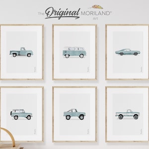 Pale Blue Classic Cars Art Prints - Printable Set of 6 | Vertical, Car Poster, Car Prints Boys Room, Nursery Decor | MORILAND®