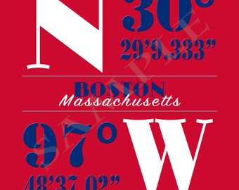 Latitude Longitude Sign, GPS, Coordenadas, Regalos, Ubicación personalizada, Nuevo Hogar, Boston, Deportes, Fútbol, Béisbol, Hockey, Estadios, Ciudades, Medias Rojas