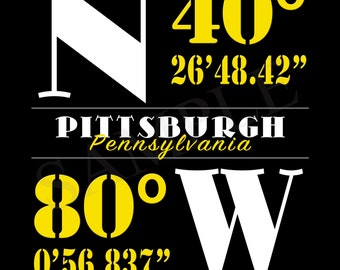 Signo de Longitud de Latitud, GPS, Coordenadas, Regalos, Ubicación personalizada, Nuevo Hogar, Pittsburgh, Deportes, Fútbol, Béisbol, Hockey, Estadios, Ciudades, Estado