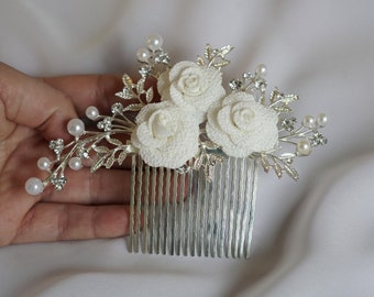 bridal haircomb, hairpiece, headpiece, silver, floral hairpiece, brides, pearl, flowers, leaves, wedding, bride, ivory