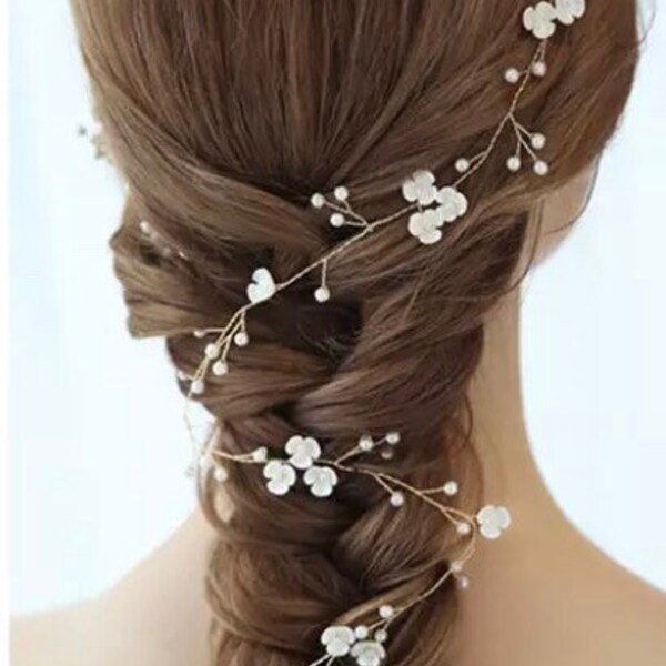 bridal floral hair vine flexible curvable braids white and pearls simple hair vine wedding, bendable, flowers, ivory pearls and crystals