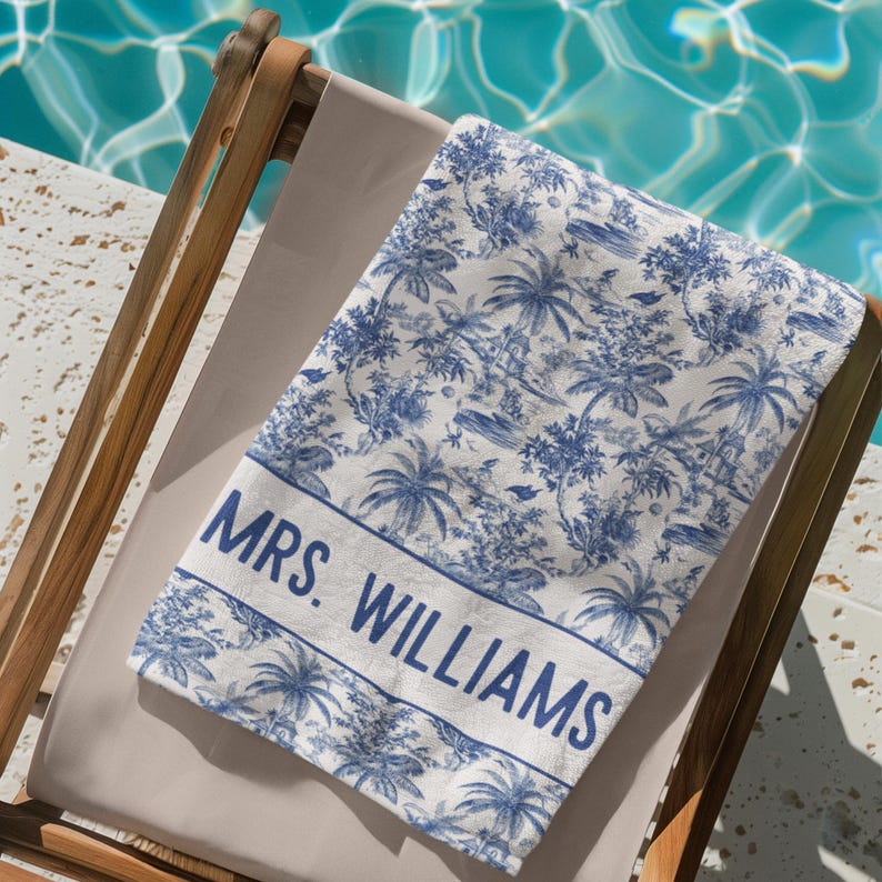Personalized Chinoiserie Bridal Beach Towel, Custom Name French Toile de Jouy, Wedding Gift for Bride, Engagement Gift, Mrs Towel