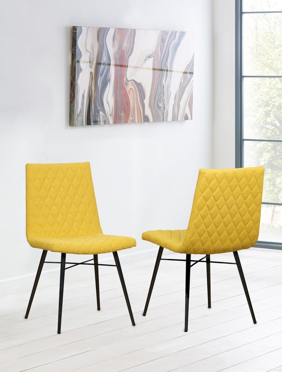 Pair Of Quilted Yellow Fabric Dining Chairs With Black Metal Etsy