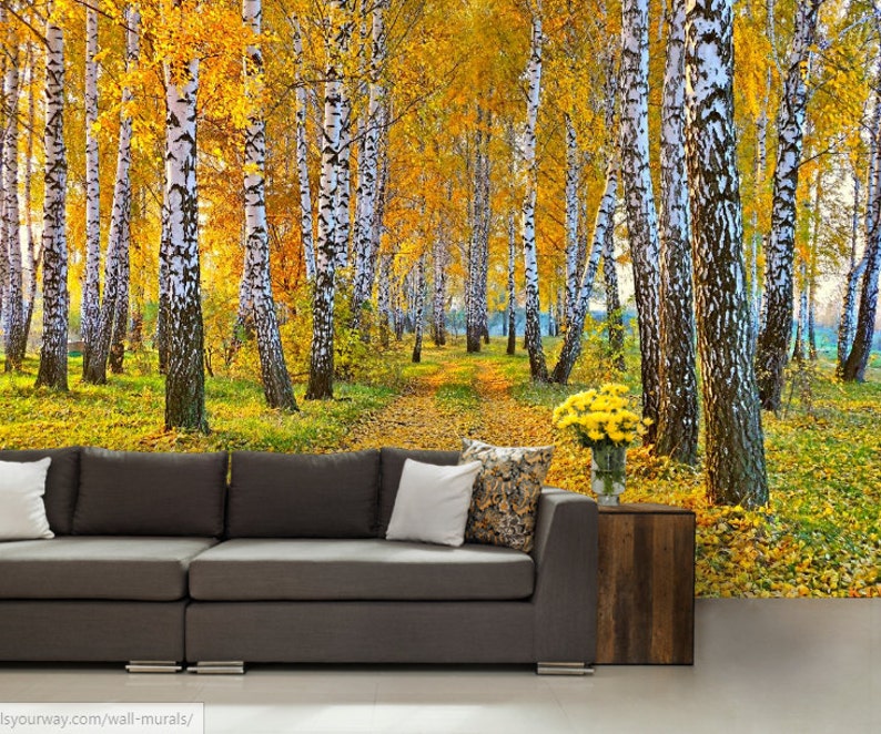 self-adhesive vinly birch forest wall mural forest mural birch wall decal birch tree wall mural moor wall mural, FOREST WALL MURAL