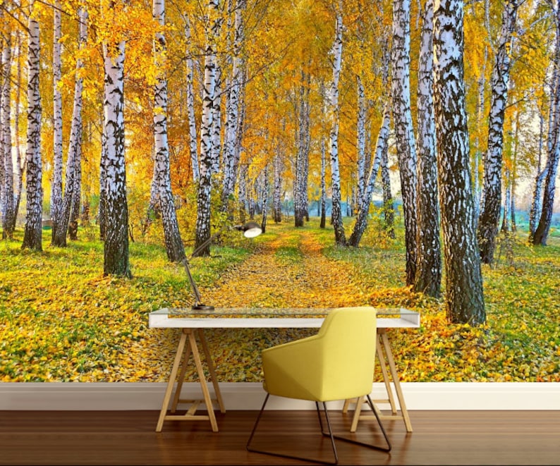 self-adhesive vinly birch forest wall mural forest mural birch wall decal birch tree wall mural moor wall mural, FOREST WALL MURAL