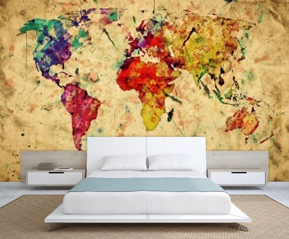 World Map Wall Mural Painting Map Wallpaper Colorful World Map Painting World Map Abstract World Map Decal Modern World Map Wallpaper