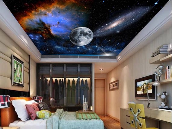 Galaxy Ceiling Wallpaper Ceiling Stars Nebula Ceiling Wall Mural Ceiling Star Wall Decal Space Star Ceiling Moon Ceiling Stars