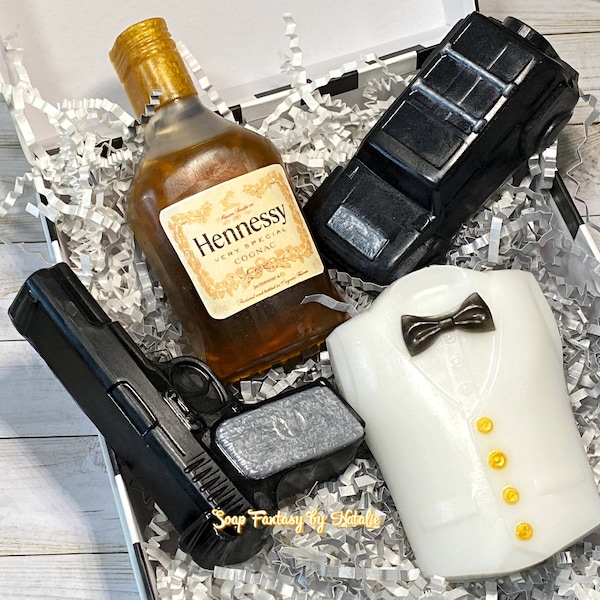 Men's  Soap Gift Set-James Bond-Agent 007 - Gift Set for Men-Jeep Soap-Gun Soap- Cognac Soap-Tuxedo Soap- Birthday Gigt-Party Favor