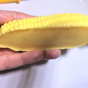 以下が含まれることがあります： 黄色いトウモロコシの穂が、半分に縦に切られて手に持たれています。穂は薄い黄色で、滑らかでワックスのような質感です。