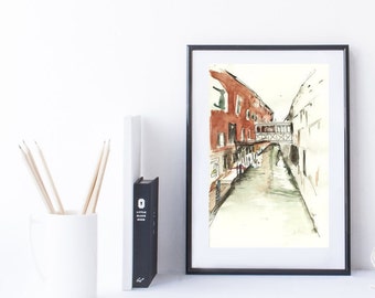 Venice city drawing, Architect's office decor, Architecture watercolour, Venice print, Venice watercolour, Romantic wall art