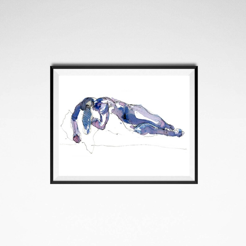 Lila und blau Aquarell weiblicher Akt Zeichnung romantische | Etsy