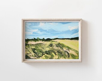 Nature landscape art print, Green Fields postcard print, landscape art print, acrylic painting, acrylic landscape art, green and blue art