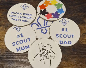 Sublimated Coasters: Meeple, Scout Mum, Scout Dad, Arrow Head Designs