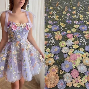 3D Purple Colorful Lace Tulle Embroidery Flower Lace Fabric for Costume Bridal Wedding Evening Prom Dress, floral lace by the yard
