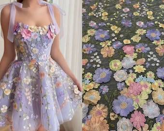 3D Purple Colorful Lace Tulle Embroidery Flower Lace Fabric for Costume Bridal Wedding Evening Prom Dress, floral lace by the yard
