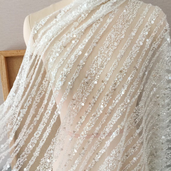 Ivory Sequin Beaded Tulle Material Ivory Sequin Beaded Tulle Material