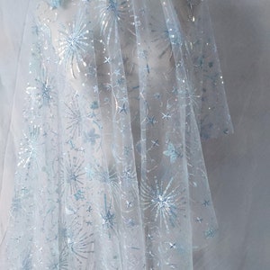 Tela de bordado celestial estrella, Tul azul claro suave, vestido de noche de fiesta de graduación nupcial, encaje de cuentas de lentejuelas, tela de material de bricolaje cortada a medida