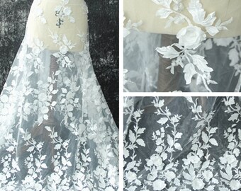 3D White Flower Lace Fabric, Bridal Floral Lace Veil material, Bride Wedding Dress Gown, Soft Embroidery Leaf Veil Tulle Fabric by the yard