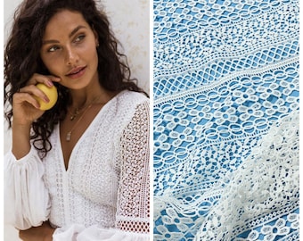 Boho Bridal White Lace Rayon Mesh Fabric, Floral guipure lace material, Wedding Dress, Cotton Stripe Embroidery flower lace by the yard