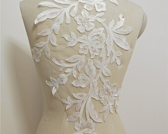 Ivory White Embroidery Flower Lace Fabric applique, Wedding Dress Veil floral Lace trim, Cotton DIY Mesh Bodice material piece