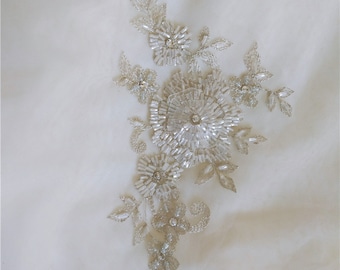 Beaded Embroidery Flower Lace Applique, Sequin Fabric material piece, Wedding Dress Gown Lace trim, Crystal Mesh Bodice Veil lace