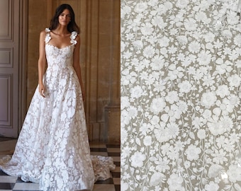 Tissu de dentelle de fleur de broderie de coton blanc, dentelle de guipure florale de marguerite de mariée de Milla Nova pour le voile de robe de mariée de Boho, dentelle douce par yard