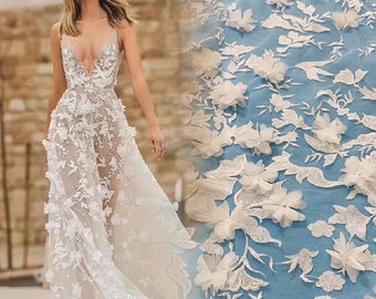 Tissu de dentelle de mariée ivoire blanc 3D, matériel de voile de dentelle de fleur florale, robe de mariée de mariée, tissu d'applique de tulle de broderie doux par yard