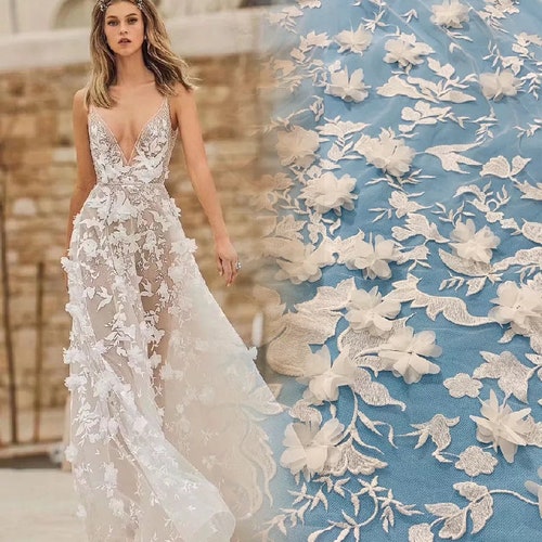 3D Rose Bridal Evening Dress Chiffon Trim Wedding Gown DIY Lace Fabric 0.5 Yard 