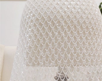 Tecido de renda 3D com miçangas, renda pesada com lantejoulas em tons de branco e marfim para vestido de noiva sereia, tule bordado com flores vendido por metro.