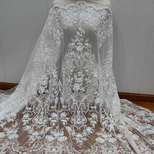 White Sequin Pearl beaded Lace Fabric,Luxury Flower lace for Bridal Wedding Dress,Gatsby Embroidery Tulle floral applique fabric by the yard