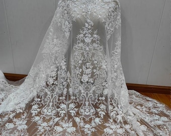 White Sequin Pearl beaded Lace Fabric,Luxury Flower lace for Bridal Wedding Dress,Gatsby Embroidery Tulle floral applique fabric by the yard