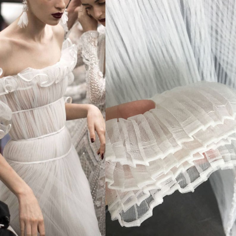 Tela de tul plisado blanco, panel de malla suave con pliegues y volantes, tela de diseño para vestido de novia, tela de tul de encaje cortada a medida imagen 1