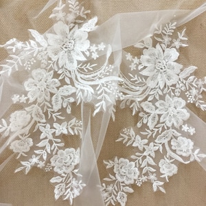 Par de apliques de renda com lantejoulas e flores espelhadas, renda de vestido de noiva, acabamento em tecido de renda bordado branco marfim, corpete de renda de véu