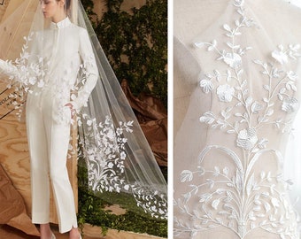Ivory White Embroidery flower Lace Fabric, lace applique Veil material piece, Wedding Dress Lace trim, Guipure lace Bodice