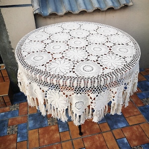 Custom wedding lace tablecloth, Handmade crochet round floral table cloth, Vintage Table linen cover flower Fabric for holiday home decor