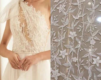 Tessuto di pizzo fiore foglie di paillettes perline avorio, abito da sposa ricamo floreale applique tulle perline velo tessuto di pizzo tagliato a misura