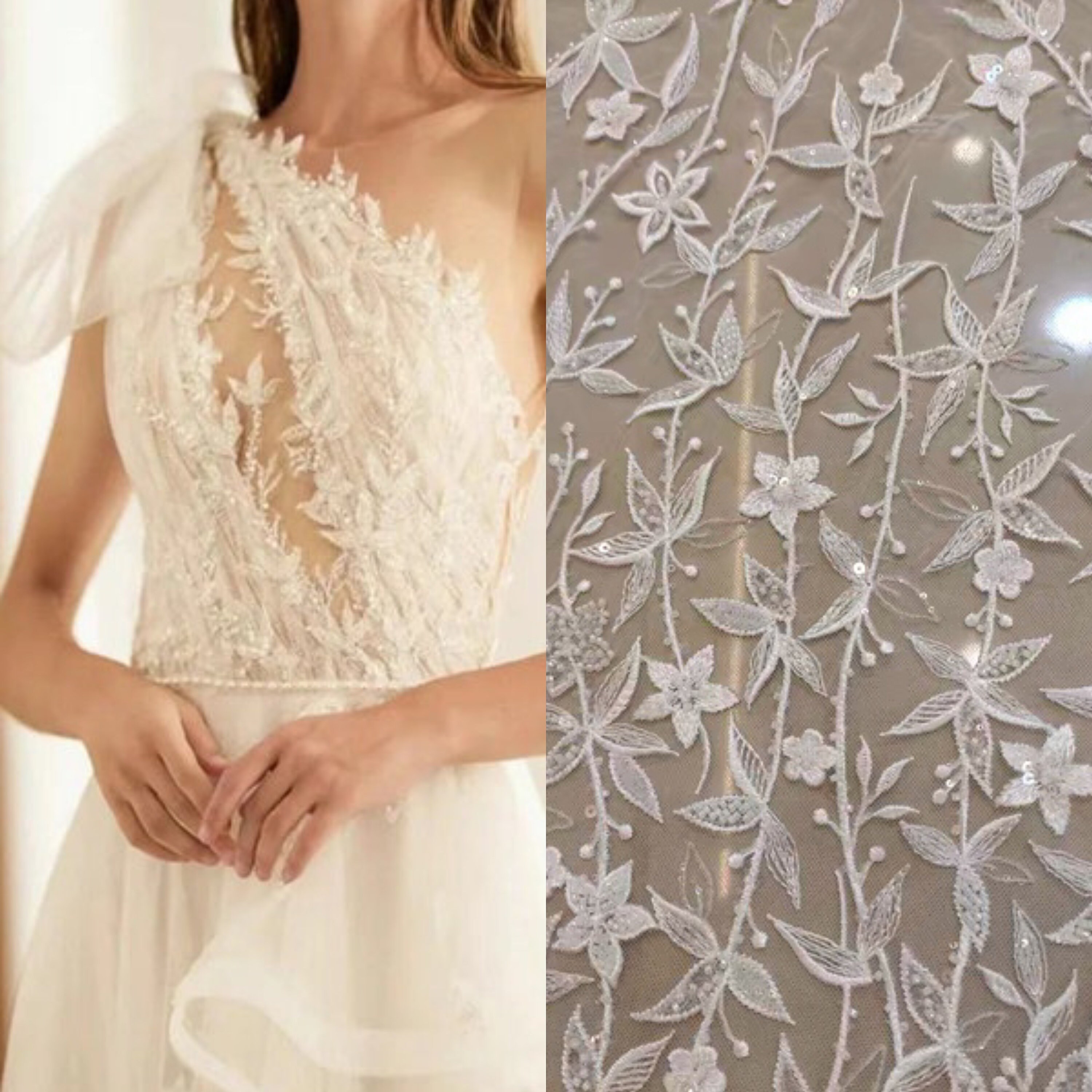 Ivoire perlé Sequin feuilles fleur dentelle tissu, robe de mariée mariée broderie florale applique Tulle perles voile dentelle tissu par yard