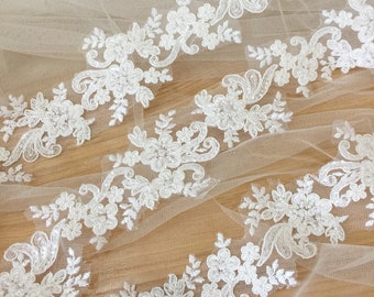 Renda Alençon requintada com lantejoulas e pérolas, renda para véu de noiva, renda para vestido de noiva com flores recortadas em marfim, alças para vestido de noiva