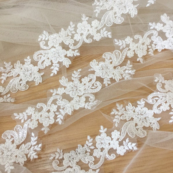 Exquisite Pearl Beaded Sequin Alencon Lace Trim , Bridal Veil Lace, Ivory Scalloped Flower Wedding Gown Lace Trim , Bridal Dress Straps