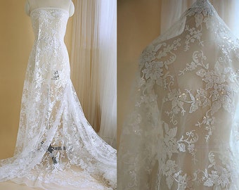 Soft Ivory Lace Fabric with Sequin, Guipure lace material, Gatsby Bridal Wedding Dress Evening Gown, Embroidery flower Tulle by the yard