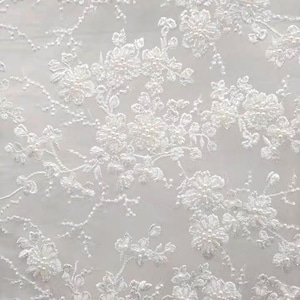 Ivory heavy Sequin Pearl beaded Lace Fabric, Flower lace for Bridal Wedding Dress, Embroidery Tulle floral applique fabric by the yard image 6
