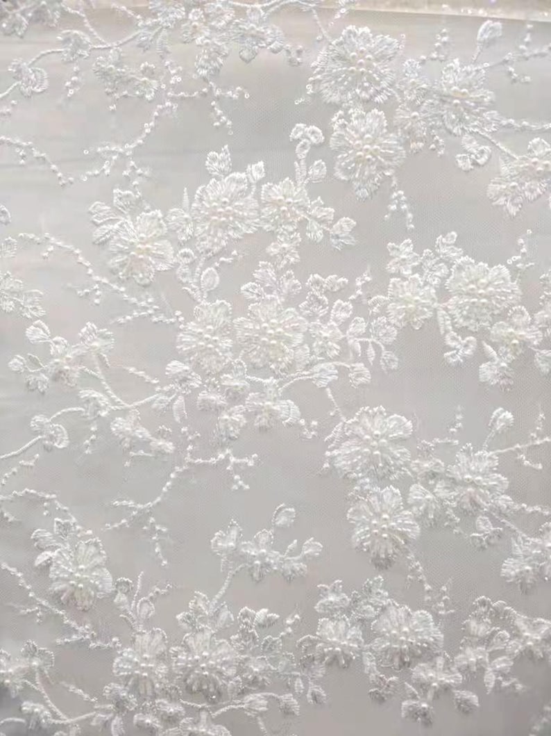 Ivory heavy Sequin Pearl beaded Lace Fabric, Flower lace for Bridal Wedding Dress, Embroidery Tulle floral applique fabric by the yard image 6
