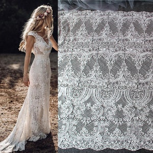 Boho Bridal White Lace Rayon Mesh Fabric, Floral guipure lace material, Wedding Dress Evening Gown, Crochet Cotton Embroidery flower lace