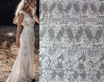 Boho Bridal White Lace Rayon Mesh Fabric, Floral Guipure Lace