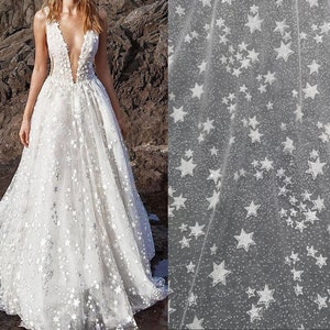 Star Glitter Fabric, Soft Ivory White Tulle, Bridal Bridesmaid Prom Evening Dress, Bling Sparkle lace, Fashion DIY Material by the Yard