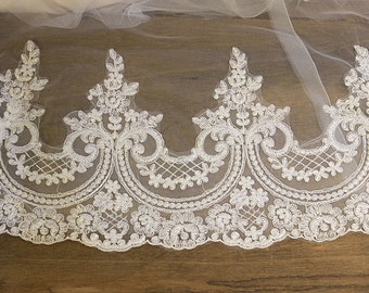 White Lace Fabric, Romantic Floral Scalloped material, Wedding Dress Gown Veil Lace trim, Alencon Corded flower lace, Embroidery veil