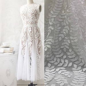 3D Embroidery Lace Fabric, Leaves Leaf flower Veil Lace  Fabric for Bridal Dress, Wedding Dress Fabric, Tulle Lace Fabric By The Yard